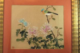 Chinese Semi Antique Painting on Silk Chrysanthemum Flowers & Bird Framed 2