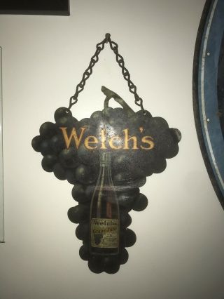 Antique 1910’s - 1920’s Welch’s Grape Juice Diecut Tin Hanging Sign Rare 2