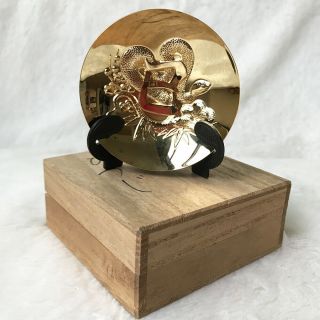 Japanese 24k Gold Plated Sake Cup Metal Sakazuki Signed Snake Zodiac & Box Wood