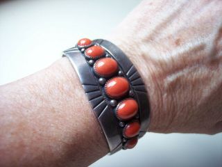 Sterling Cuff Bracelet Frank Patania Sr Thunderbird - 7 Coral Stones,  52 G