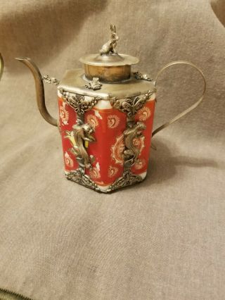 Chinese Color Porcelain Armor Tibetan Silver Hand Carved Rabbit Teapot