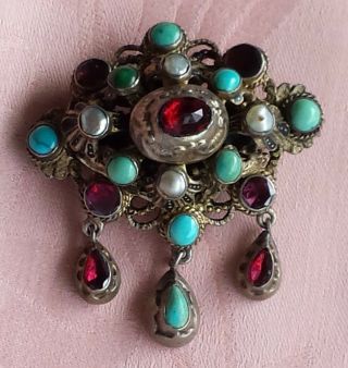 Antique Hungarian Brooch,  Turquoise,  Pearl,  Bohemian Garnet