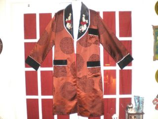 Old Chinese Brown & Black Silk Blend Smoking Jacket/robe W/embroidered Dragons