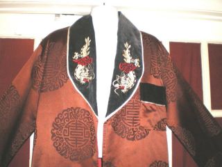 Old Chinese Brown & Black Silk Blend Smoking Jacket/Robe w/Embroidered Dragons 3