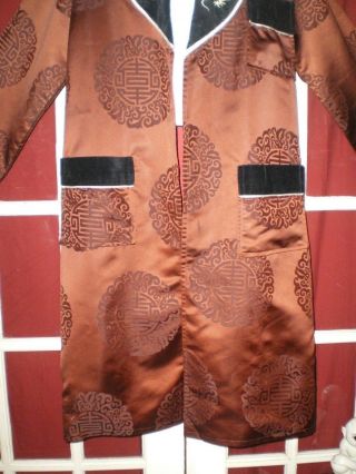 Old Chinese Brown & Black Silk Blend Smoking Jacket/Robe w/Embroidered Dragons 4