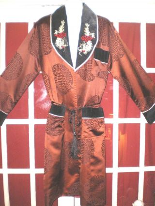 Old Chinese Brown & Black Silk Blend Smoking Jacket/Robe w/Embroidered Dragons 5