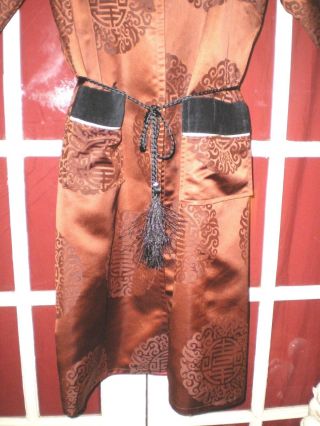 Old Chinese Brown & Black Silk Blend Smoking Jacket/Robe w/Embroidered Dragons 6