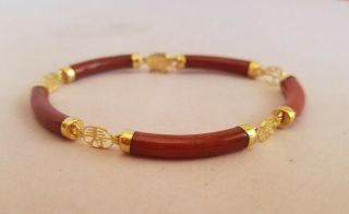 Vintage 14k Yellow Gold Red Jade Bracelet Chinese Characters Symbols Signed
