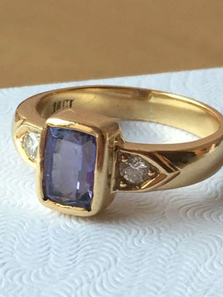 Vintage Solid 18k Yellow Gold Purple Blue Tanzanite & Diamonds Ring Engagement