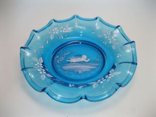 Great Old Mary Gregory Blue Glass Fluted Bowl / Plate - Girl Flying W Flowers