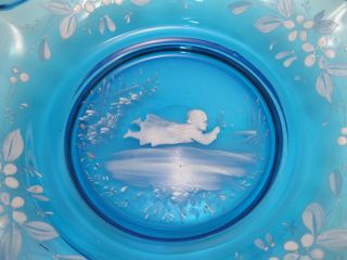Great Old Mary Gregory Blue Glass Fluted Bowl / Plate - Girl Flying w Flowers 2