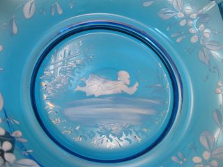 Great Old Mary Gregory Blue Glass Fluted Bowl / Plate - Girl Flying w Flowers 3