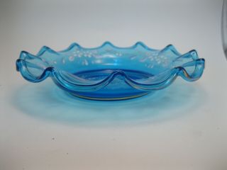 Great Old Mary Gregory Blue Glass Fluted Bowl / Plate - Girl Flying w Flowers 6