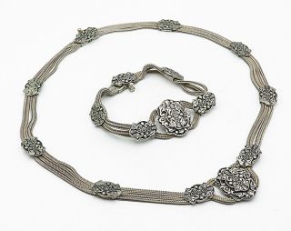 925 Sterling Silver - Vintage Floral Designed Necklace & Bracelet Set - T1250