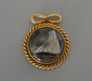 Antique 20k Gold Reverse Painted Ship On Glass Nautical Pendant - 11.  4 Grams