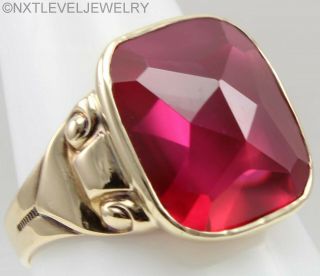 Antique Art Deco Signed 12ct Faceted Top Cushion Ruby 10k Solid Gold Men 