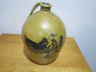 Vintage Ovoid Stoneware Cobalt Decorated Running Bird 1 Gallon Jug