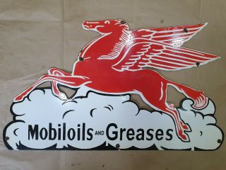 Mobil Oils & Greases Pegasus Vintage Porcelain Sign 36 X 21 Inches