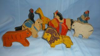 Nine Vintage Wooden Folk Art Circus Animals
