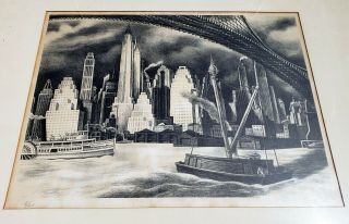 Signed & Numbered Antique Ernest Fiene York City Skyline Litograph Etching