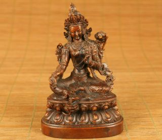 Chinese Old Boxwood Hand Carving Green Tara Buddha Statue Figue Table Decoration