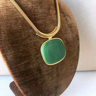 Vintage Lanvin Paris 1970s Jade Green Lucite Pendant Gold Chain Choker Necklace