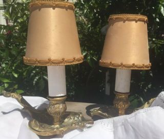 Vintage French Bedside Slipper Lamps In Brass With Pretty French Shades 2
