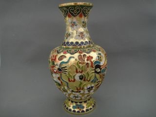 Chinese Pure Handwork Dragon Phoenix Flower Old Brass Cloisonne Vase