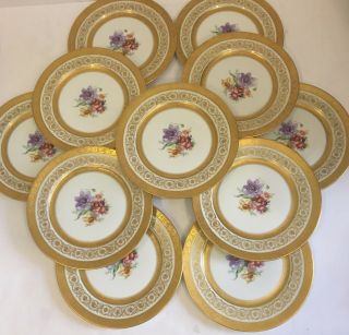 Set Of 11 Antique Tv Limoges France Gold Encrusted Dinner Plates Flowers Design