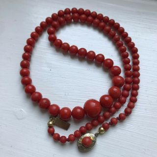 Very Fine Heavy Vintage Red Coral Bead Necklace W Gilt Silver Clap - Wow 1940s