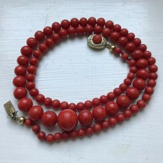 VERY FINE Heavy Vintage Red Coral Bead Necklace w Gilt Silver Clap - WOW 1940s 2