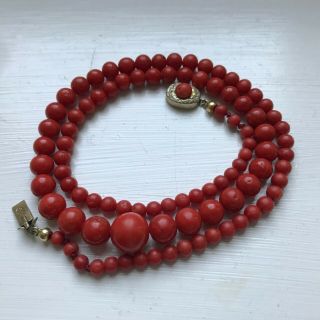 VERY FINE Heavy Vintage Red Coral Bead Necklace w Gilt Silver Clap - WOW 1940s 6