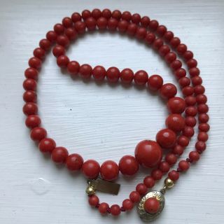 VERY FINE Heavy Vintage Red Coral Bead Necklace w Gilt Silver Clap - WOW 1940s 9