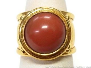 Designer 18k Gold Oxblood Red Coral Ring Vintage Wide Cigar Band Adjustable