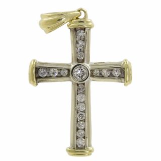 Vintage Estate 14k Yellow & White Gold Diamond Christian Cross Charm Pendant