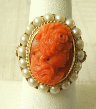 14k Gold Pink Coral Carved Cameo Ring With Pearls Very Pretty