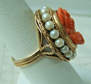 14K GOLD PINK CORAL CARVED CAMEO RING WITH PEARLS VERY PRETTY 2