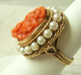 14K GOLD PINK CORAL CARVED CAMEO RING WITH PEARLS VERY PRETTY 3