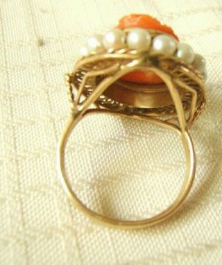 14K GOLD PINK CORAL CARVED CAMEO RING WITH PEARLS VERY PRETTY 4