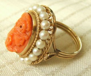 14K GOLD PINK CORAL CARVED CAMEO RING WITH PEARLS VERY PRETTY 6