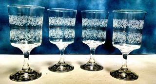 4 Antique Wine Water Goblets Etched Floral Design 24k Gold Thin Line Elegant