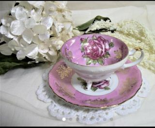 Royal Halsey Footed Tea Cup Very Fine Lm,  Handpainted Pink