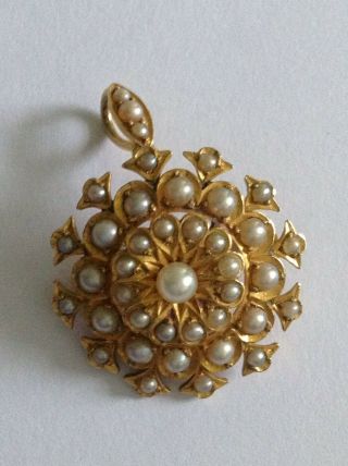 A Fine Victorian 15ct Gold & Seed Pearl Set Cluster Pendant