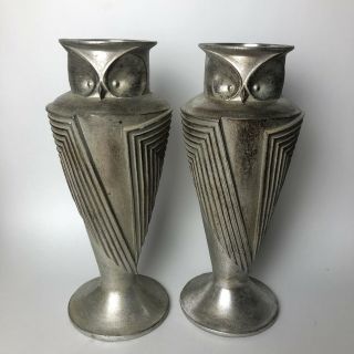 Ceramic Owl Vase Pair Art Deco Style Metallic Silver Painted 12” Tall Modern
