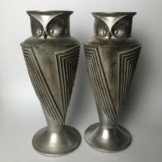 Ceramic Owl Vase Pair Art Deco Style Metallic Silver Painted 12” Tall Modern 2