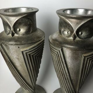 Ceramic Owl Vase Pair Art Deco Style Metallic Silver Painted 12” Tall Modern 3