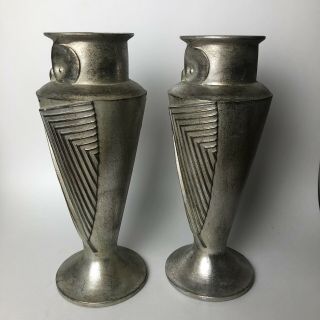 Ceramic Owl Vase Pair Art Deco Style Metallic Silver Painted 12” Tall Modern 5