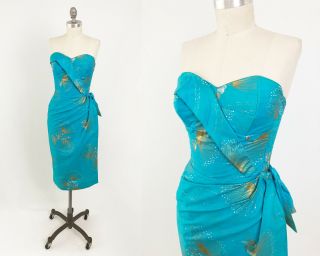 Vintage 50s Alfred Shaheen Hawaiian Wiggle Dress Size Xs Extra Small Pinup Retro