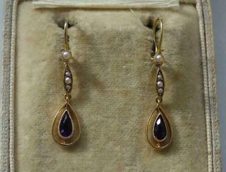 Rare Antique Victorian 15ct Gold Amethyst & Seed Pearl Drop Earrings