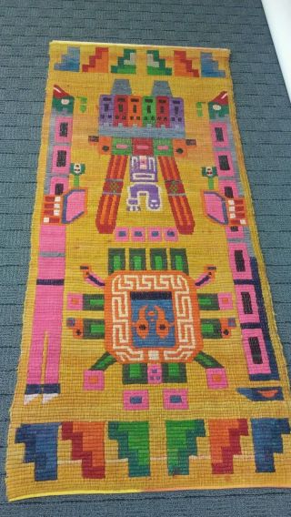 Vtg Woven Native American Aztec Wall Wool Mexican Goddess Weaving Rug Art Bug
